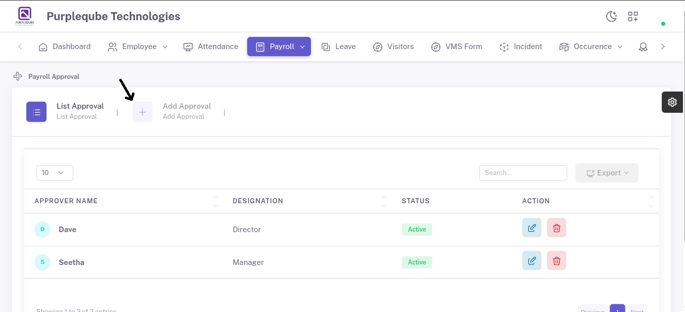Payroll Approval page with Add Approval tab highlighted by arrow pointer